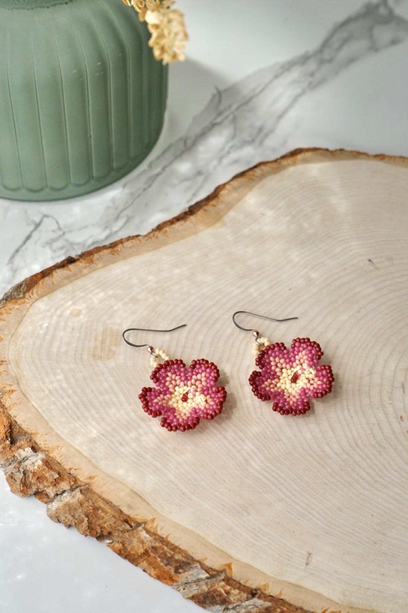 Burgundy and cream hibiscus blooms
