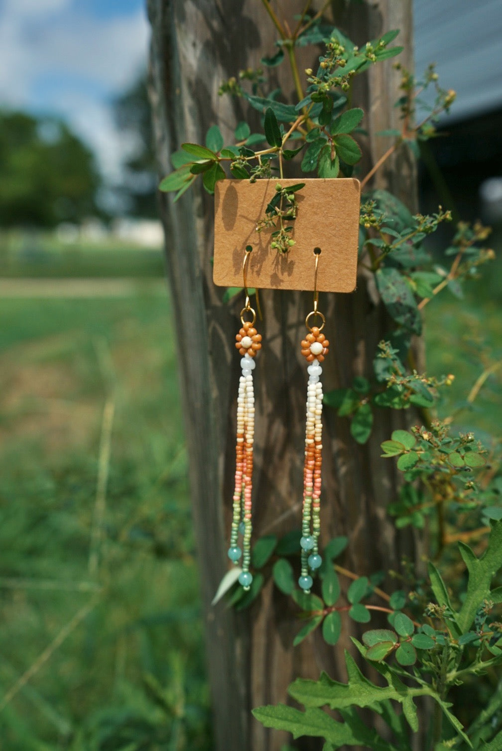 Pair of beaded earrings hanging from a paper card with a natural outdoor background.