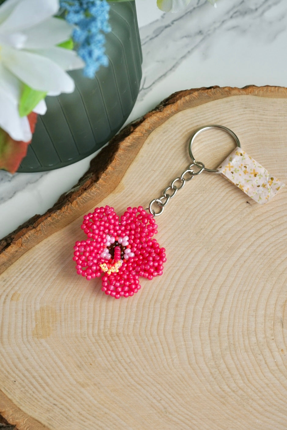 Hot pink hibiscus keychain